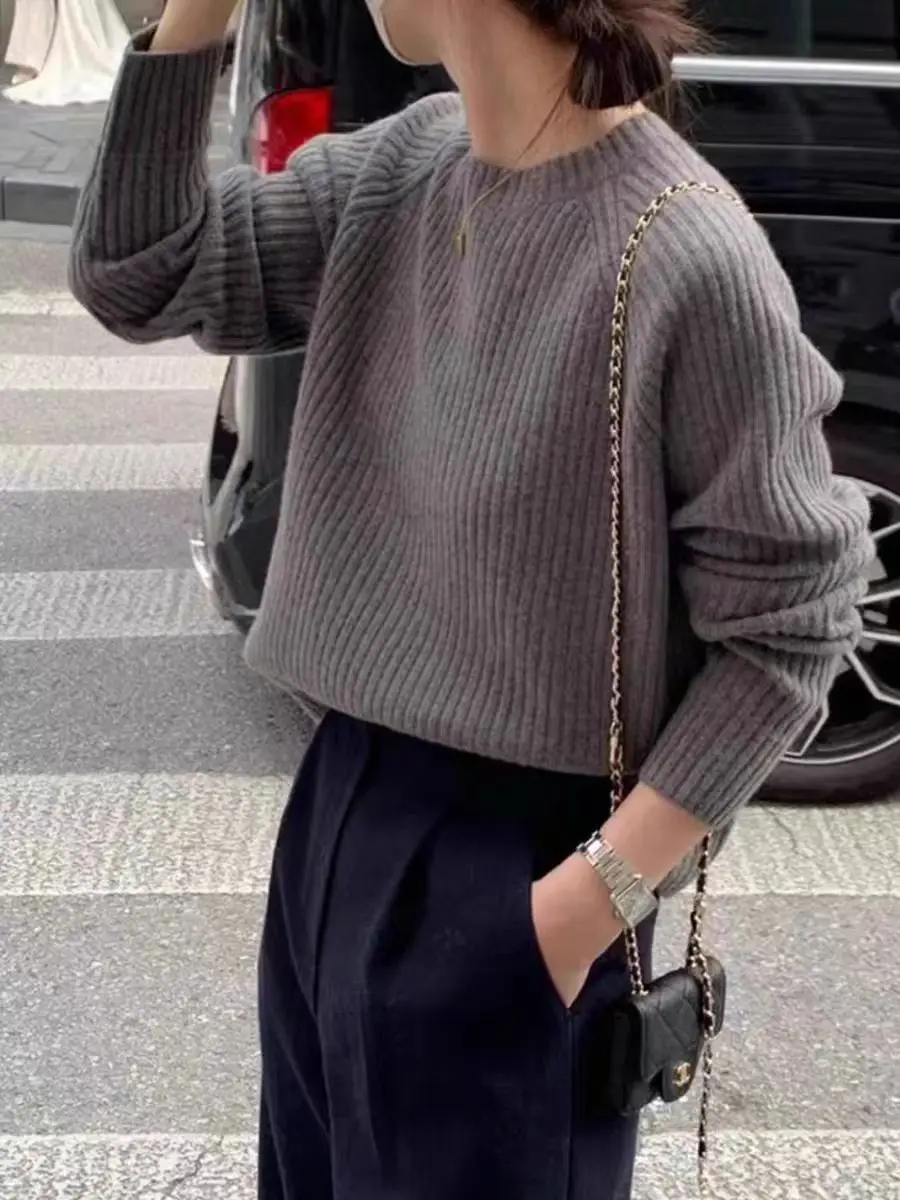 Damen-Pullover aus 100 % Merinowolle mit Rundhalsausschnitt, Herbst-Winter, dick, locker, lässig, modisch, gestrickt, Kaschmirpullover