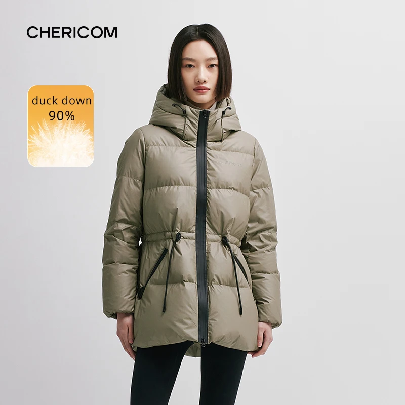 Chericom inverno feminino meados de longo estofamento couro do plutônio magro grosso acolchoado jaquetas novo pato para baixo sólido com capuz jaqueta 298097