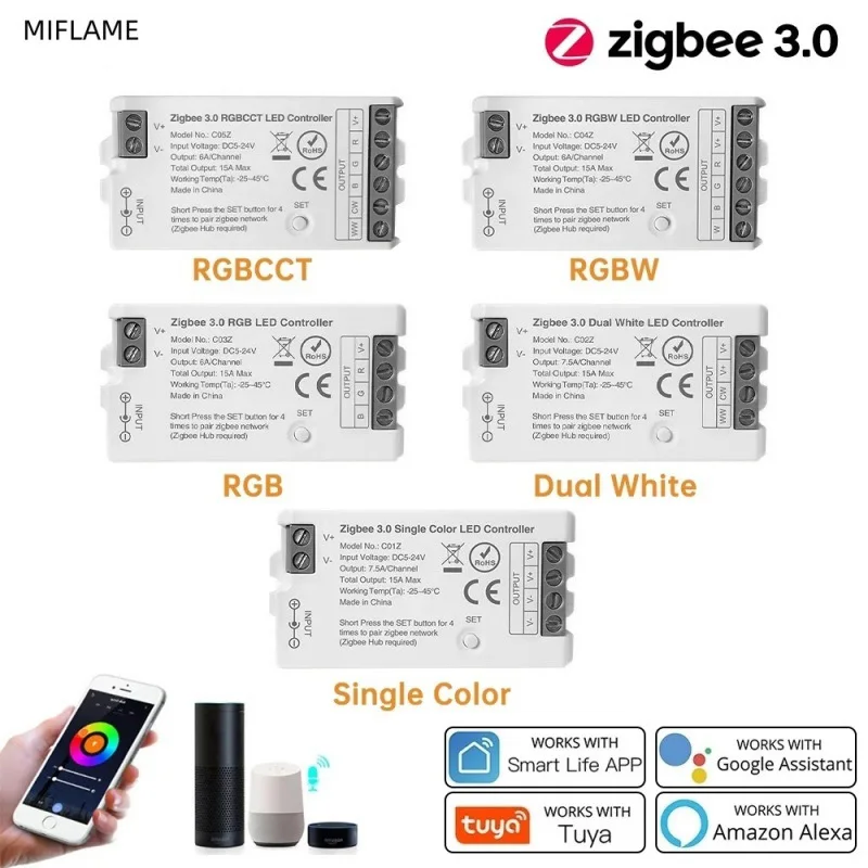 Zigbee 3.0 LED Controller Dimmer DC5V-24V Single Color CCT RGB RGBW RGBCCT LED Strip Hue Bridge Tuya Gateway Smart Voice Control