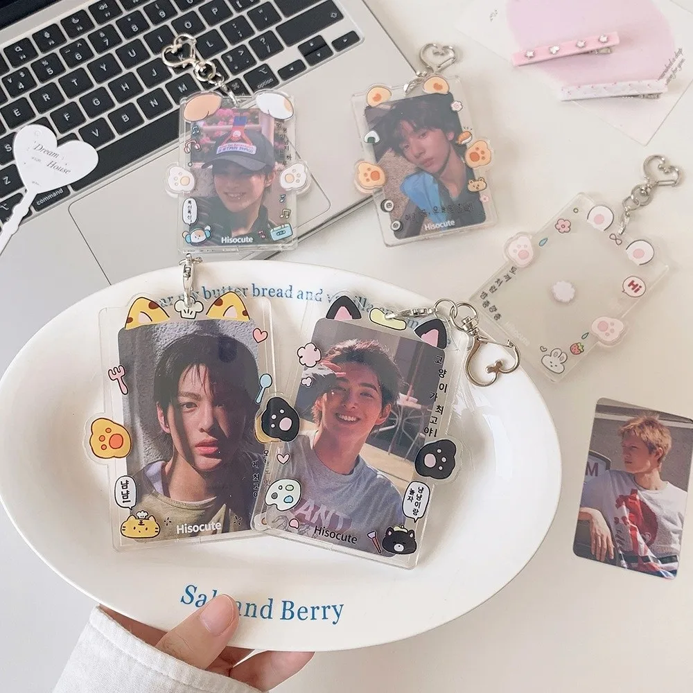 Acrylic Kpop Photocard Holder Keychain Cartoon Animal 3 Inch Idol Card Display Protector Transparent Card Holder