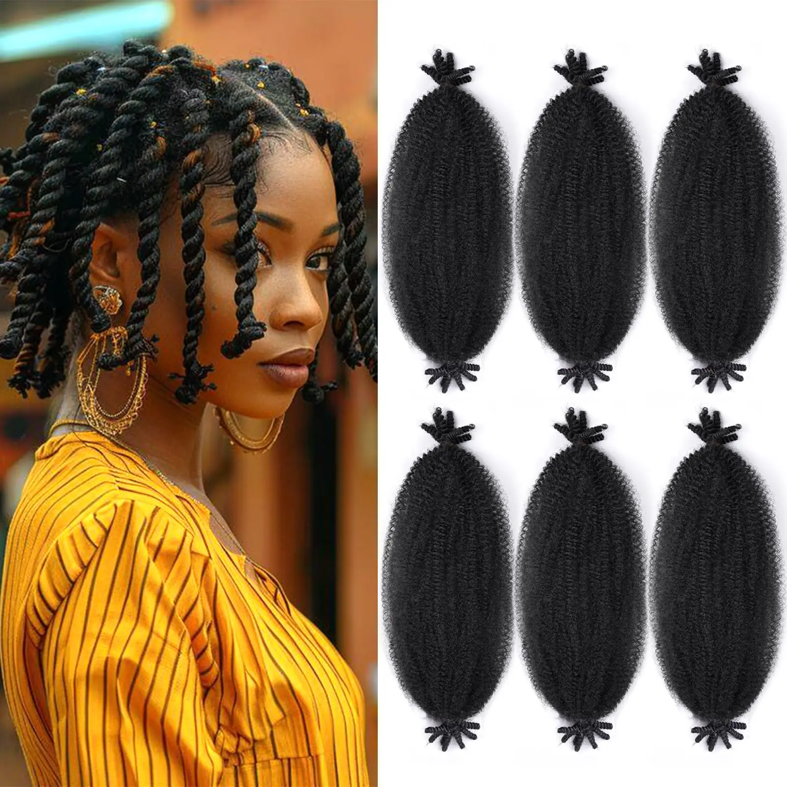 Springy Afro Twist Hair 6 Packs, Pre Fluffed Spring Twist Pre Synthetic Stretched Wrapping Hair for Soft Locs Hair Extensions