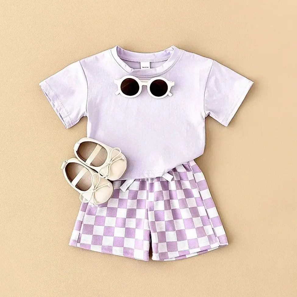 2PCS Kids Clothes Baby Boys Girls Solid Color Short Sleeve T-shirt Plaid Pattern Shorts Sets Baby Clothing Sets 0-3Y