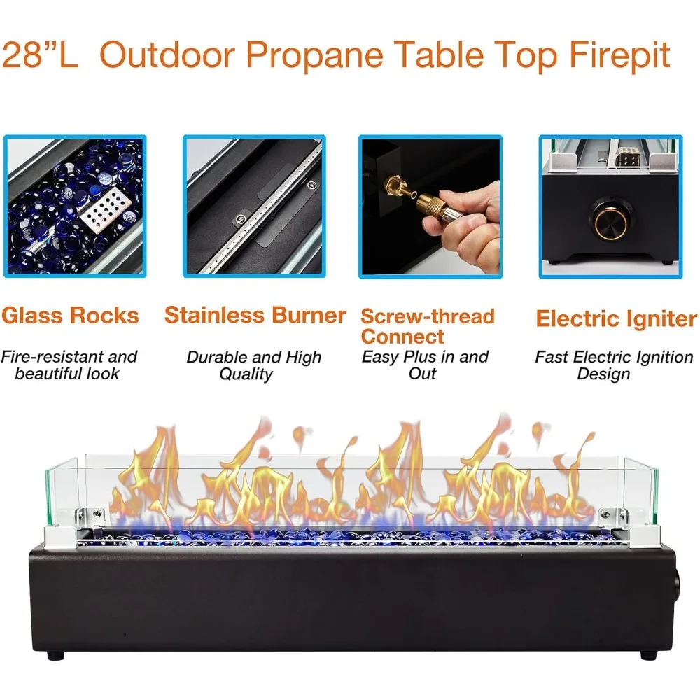 حفرة نار من البروبان على سطح الطاولة، حفرة نار مستطيلة محمولة بقدرة 40,000 وحدة حرارية بريطانية للفناء، وعاء حريق مستطيل محمول للاستخدام الخارجي مع زجاج الرياح #3