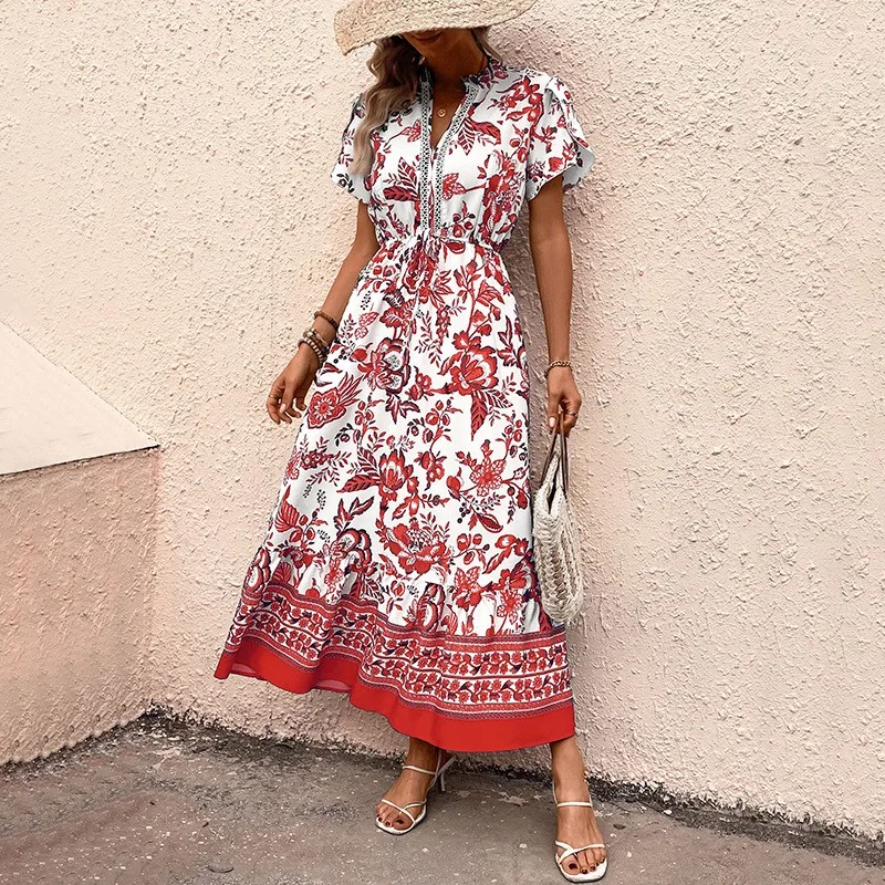 

Bohemian Fashion Printed Women's Dress Summer Foreign Style High Waisted Lace Up Design Dresses Lady Chic Loose V-neck Vestidos