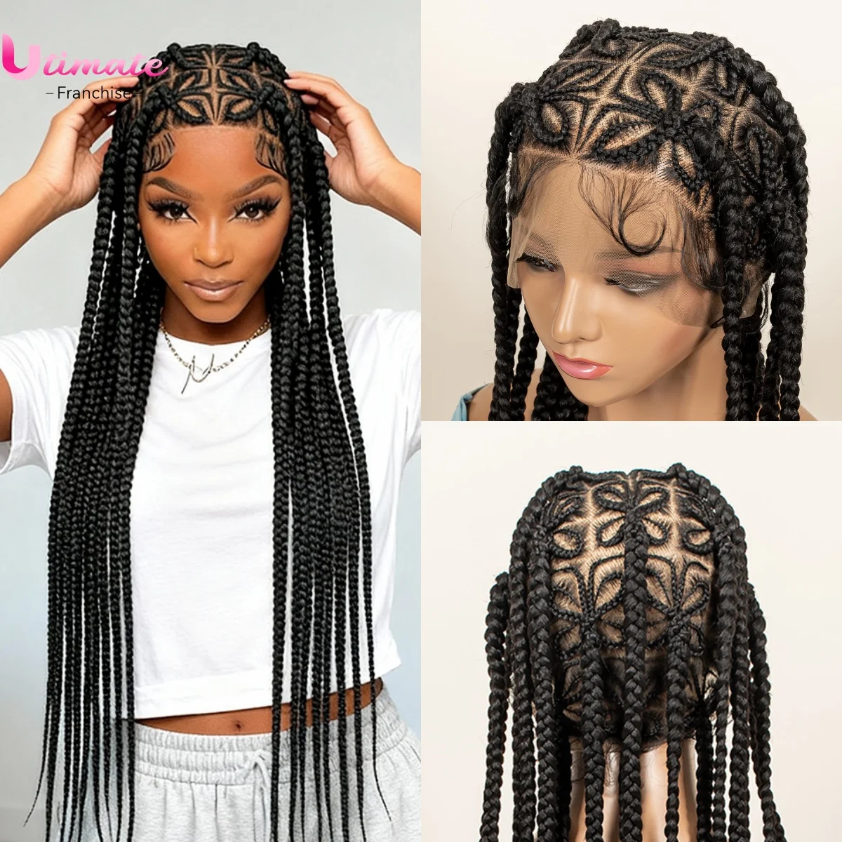 Perucas Trançadas Sintéticas com Tranças de Limão Protetoras de 36 Polegadas, Peruca Trançada de Renda Completa para Mulheres Negras