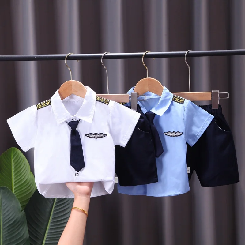 Disfraz de piloto para bebé, uniforme de piloto para niño, Conjunto de camiseta Polo con pantalones cortos con corbata, traje temático de cumpleaños