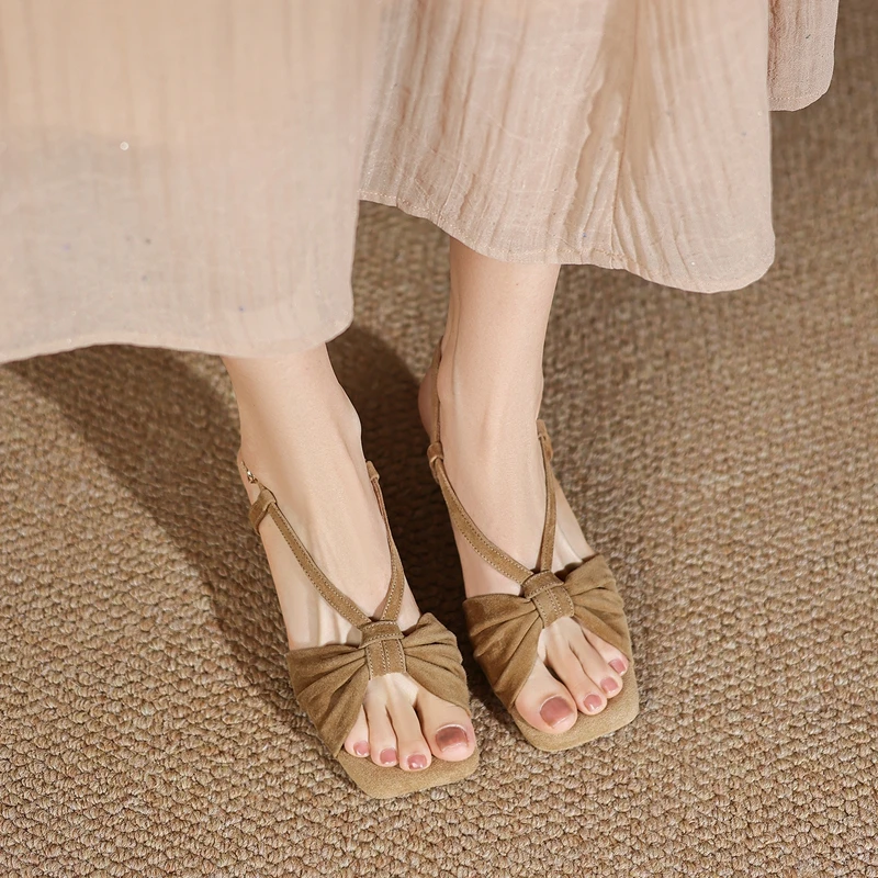 

Women's new summer genuine leather sheep suede square toe open toe high-heeled elastic belt buckle fish mouth fashion sandals