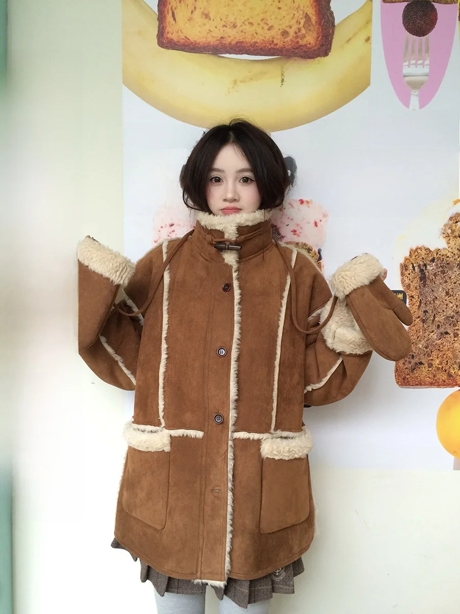 

Длинное пальто-кофта из замши и хлопка с воротником-стойкой, цвет карамель, в стиле ретро, с меховой отделкой, корейский стиль, модель 2026