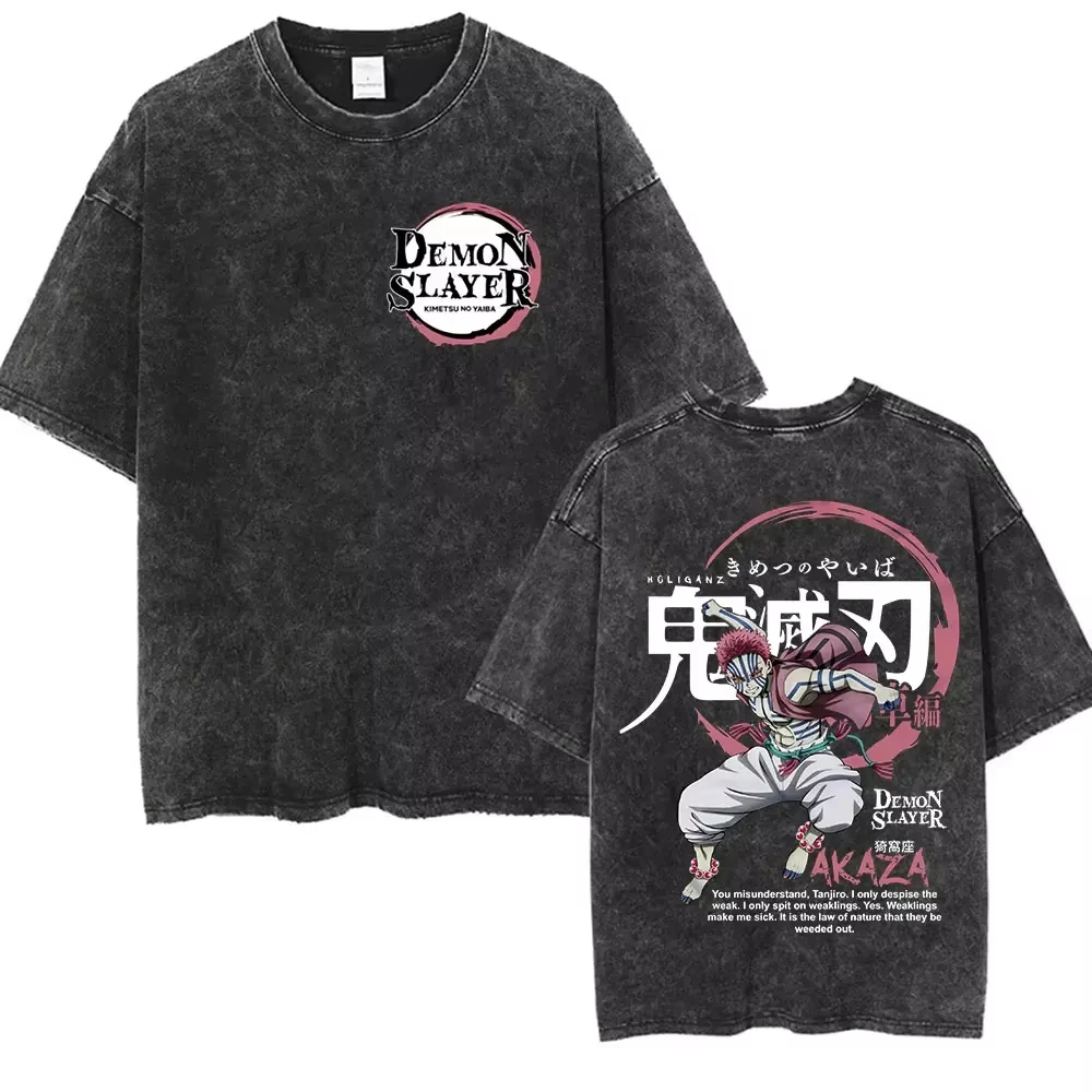 2026 Neues Japanisches Anime Demon Slayer Akaza Qualitäts-T-Shirt für Männer und Frauen Baumwolle Vintage-Waschung Bedruckt Retro Streetwear Sport-Oberteil
