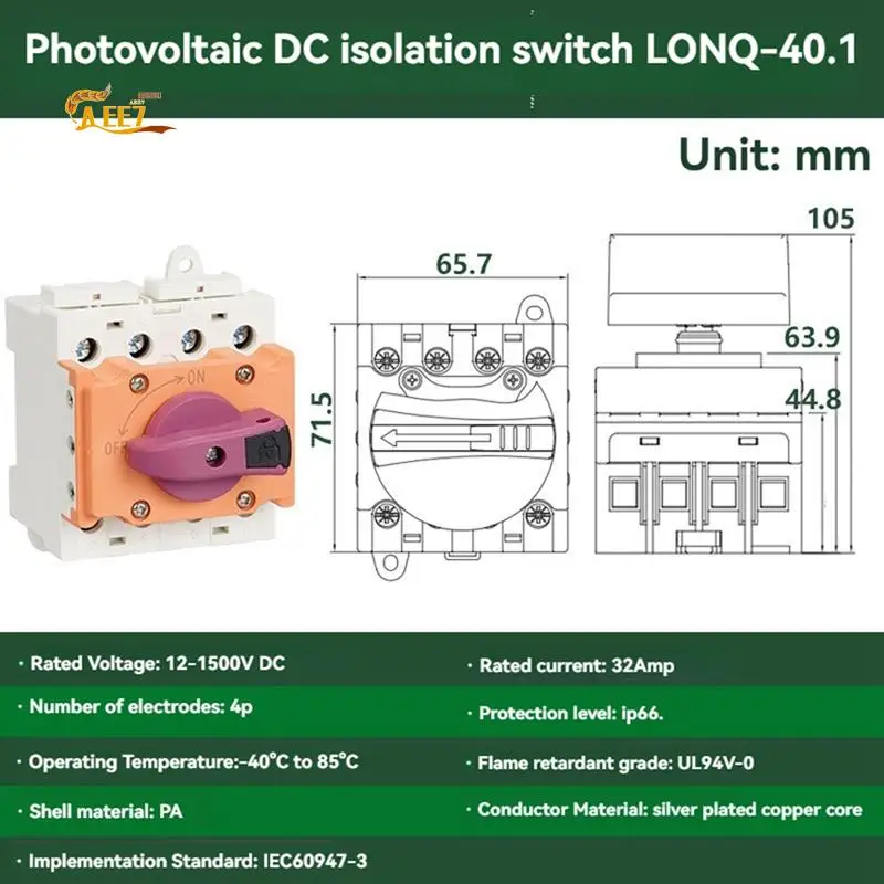 

AEE7-Solar Isolator Switch PV DC 1200V 32A Solar Rotating Handle Isolator Rotary Switch Disconnector For Solar Device