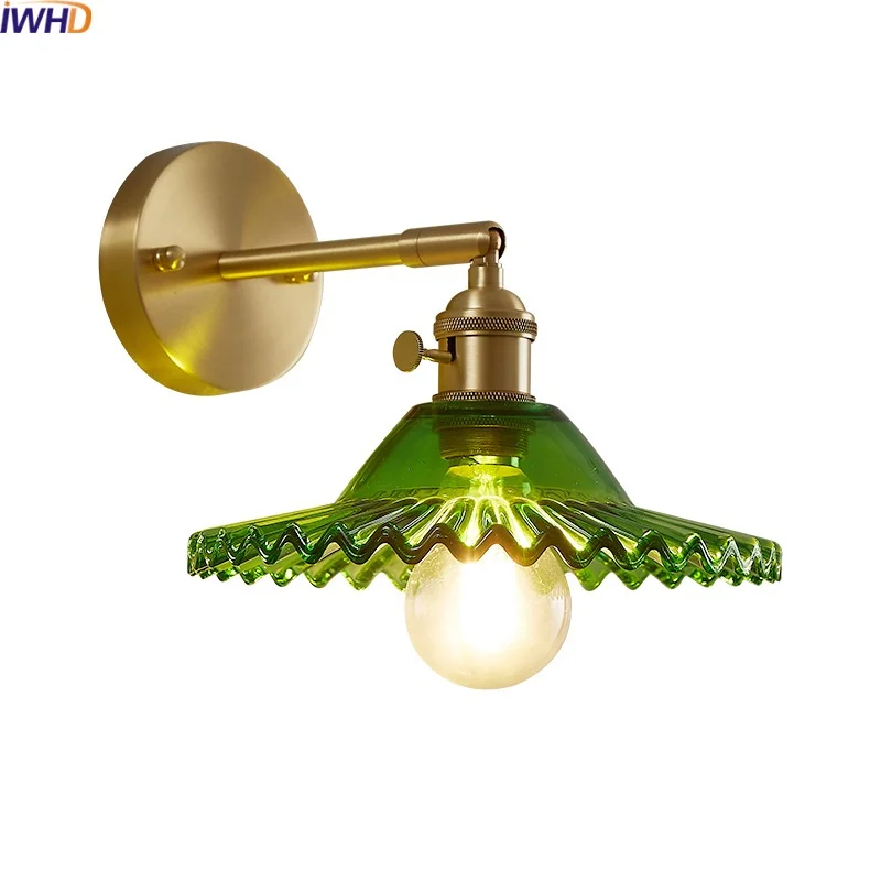 

IWHD Modern Style LED Wall Light Fixtures 4w Bulb Green Glass Bedroom Living Room Bedside Lamp Copper Lamparas