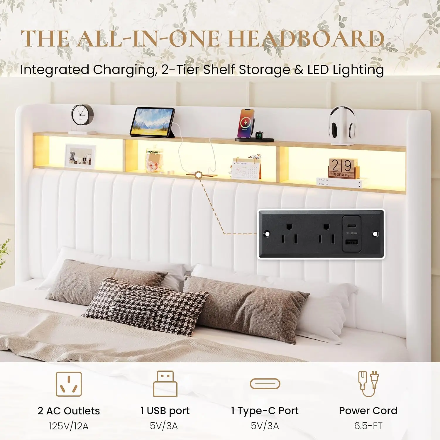 Queen Size Platform Bed Frame / 2-Tier Storage Shelf/Velvet Wingback Upholstered Headboard/LED Lights and Charging, Customized - view 4