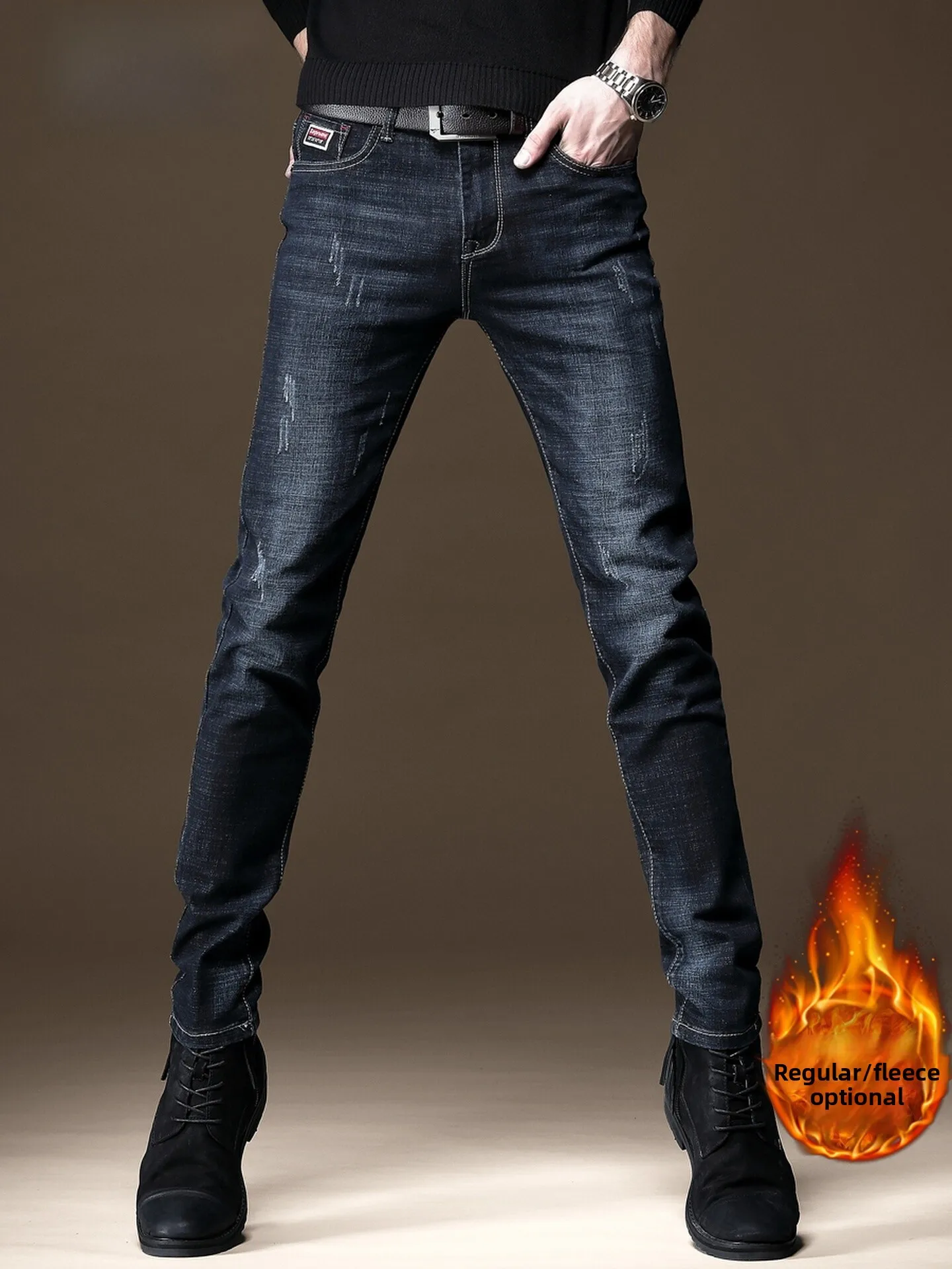 

Men's Fleece Lined Slim Fit Casual Thickened Denim Jeans Elastic Waist Small Straight Leg Winter Fashionable Business Wear