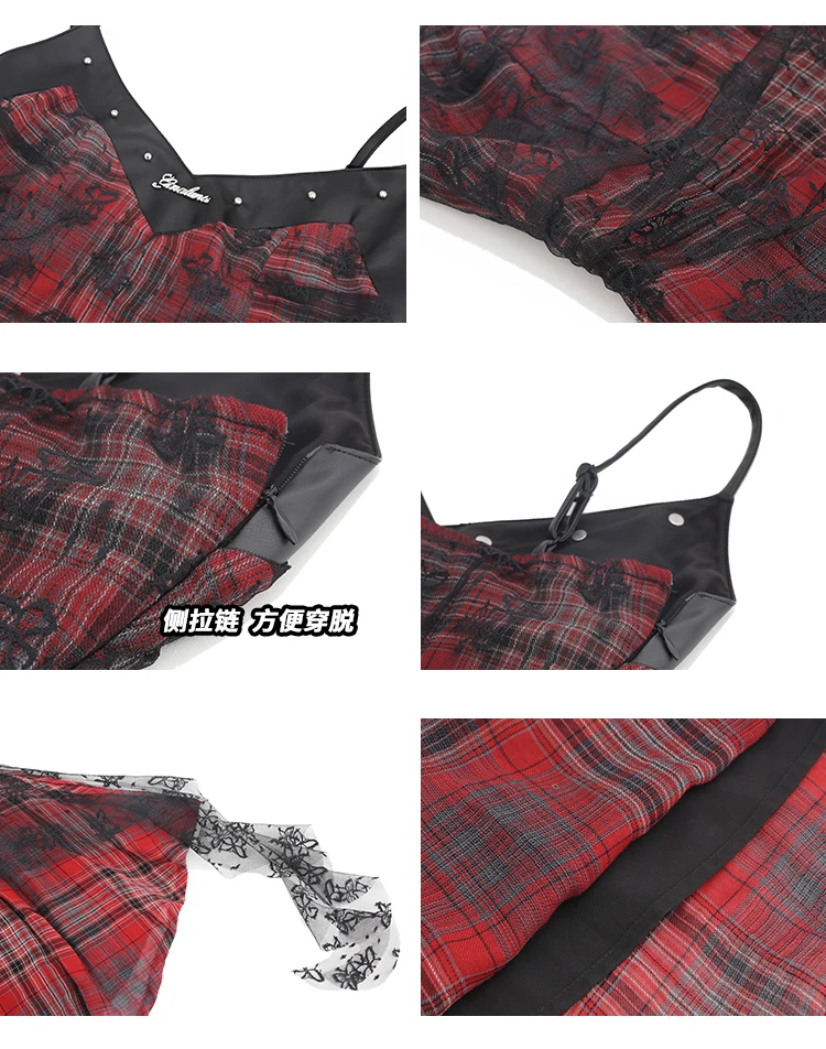 Summer Preppy Style Gothic Girls Sexy Sling Dress Red Pleated Mini Short Plaid Women Sleeveless Irregular Large Pendulum Dresses