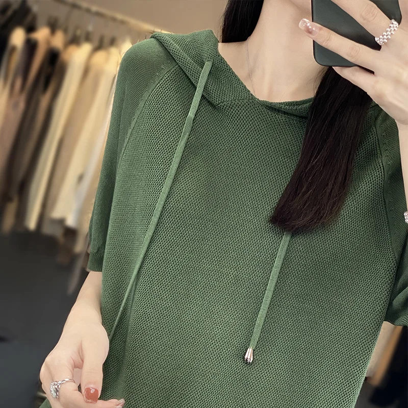 Summer New Ice Silk Short Sleeve T-shirt Women\'s Hooded Solid Color Drawstring Raglan Loose Pullover Knit