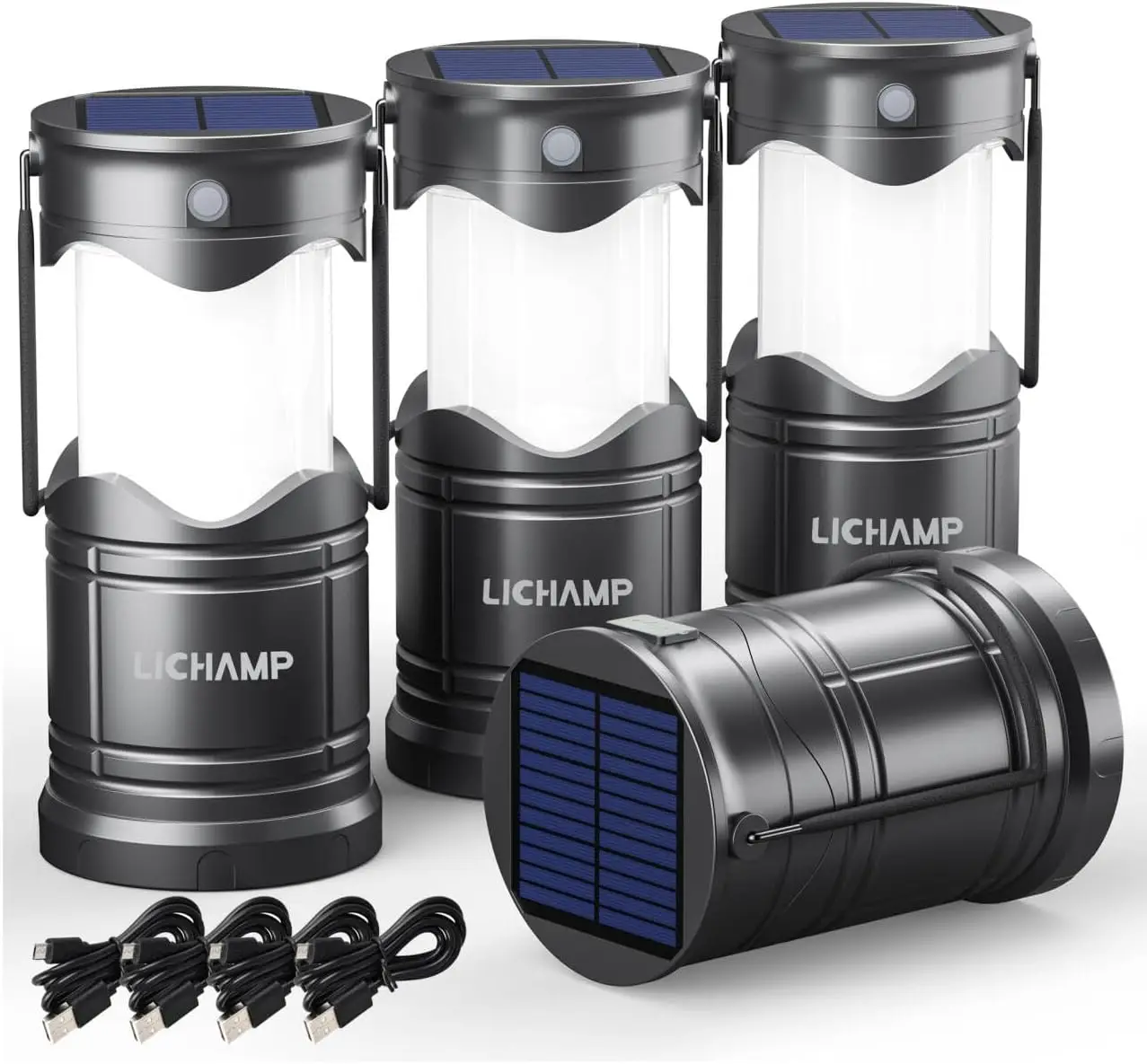 

4-Pack Solar Camping Lanterns, USB Rechargeable LED Flashlights with 3 Modes for Emergency Indoor & Outdoor Use