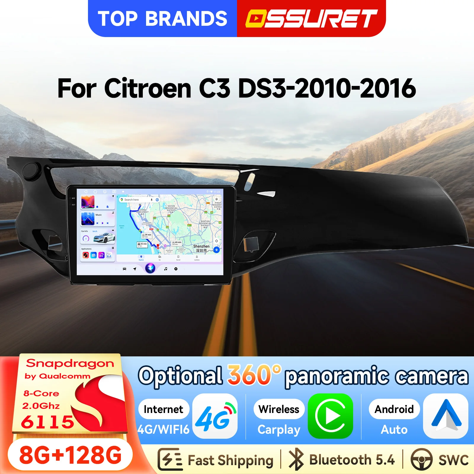 OSSURET Bestseller 2 Din 6115 Android 14 Octa Core Autoradio GPS-Navigation für Citroen C3 DS3 2010-2016 WiFi 6 4G Intelligente Haupteinheit NXP TEF6686 RDS FM-Radio Auto-Multimedia-Player Bluetooth