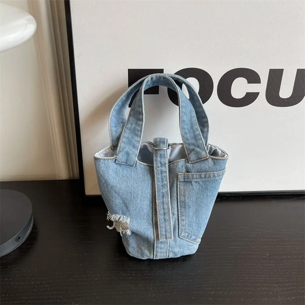 Simple Large Capacity Denim Bucket Bag With Hole Phone Pockets Tote Bag Shoulder Bag Handbag Canvas Lunch Bag Girls