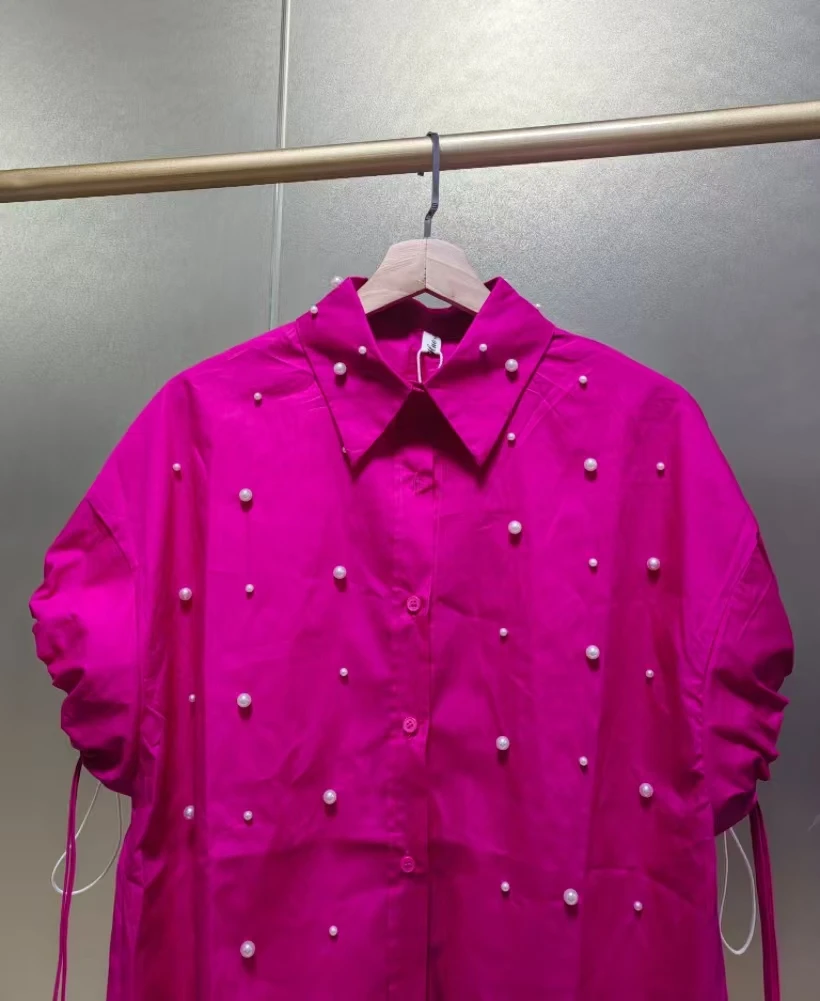 Real Photo Pears Beads Stitch Loose Casual Cotton Shirts Blouses Women 2025 Summer Short Sleeve  Tops Woman Clothing