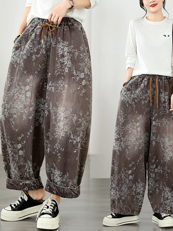 High Waist Double Layered Flared Jeans Distressed Print Casual Loose Fit plus Size Denim Pants Autumn 2026 Casual Style
