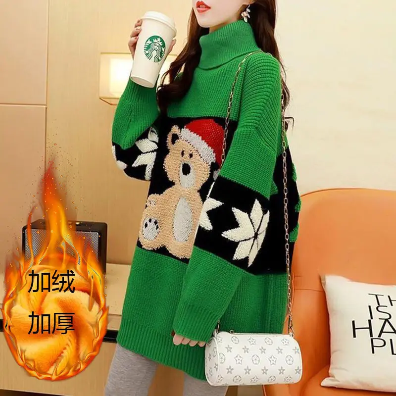 Women Fashion Office Lady Knitted Sweater Fall Winter Christmas Turtleneck Thick Warm Color Blocked Vintage Loose Lazy Style Top