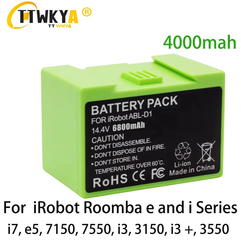 

Batería de 14,4 V y 6800mAh para iRobot Roomba e, repuesto de iones de litio, Serie i, i7, 7150, 7550, i7 + 7550, e5, e6, i3, i3