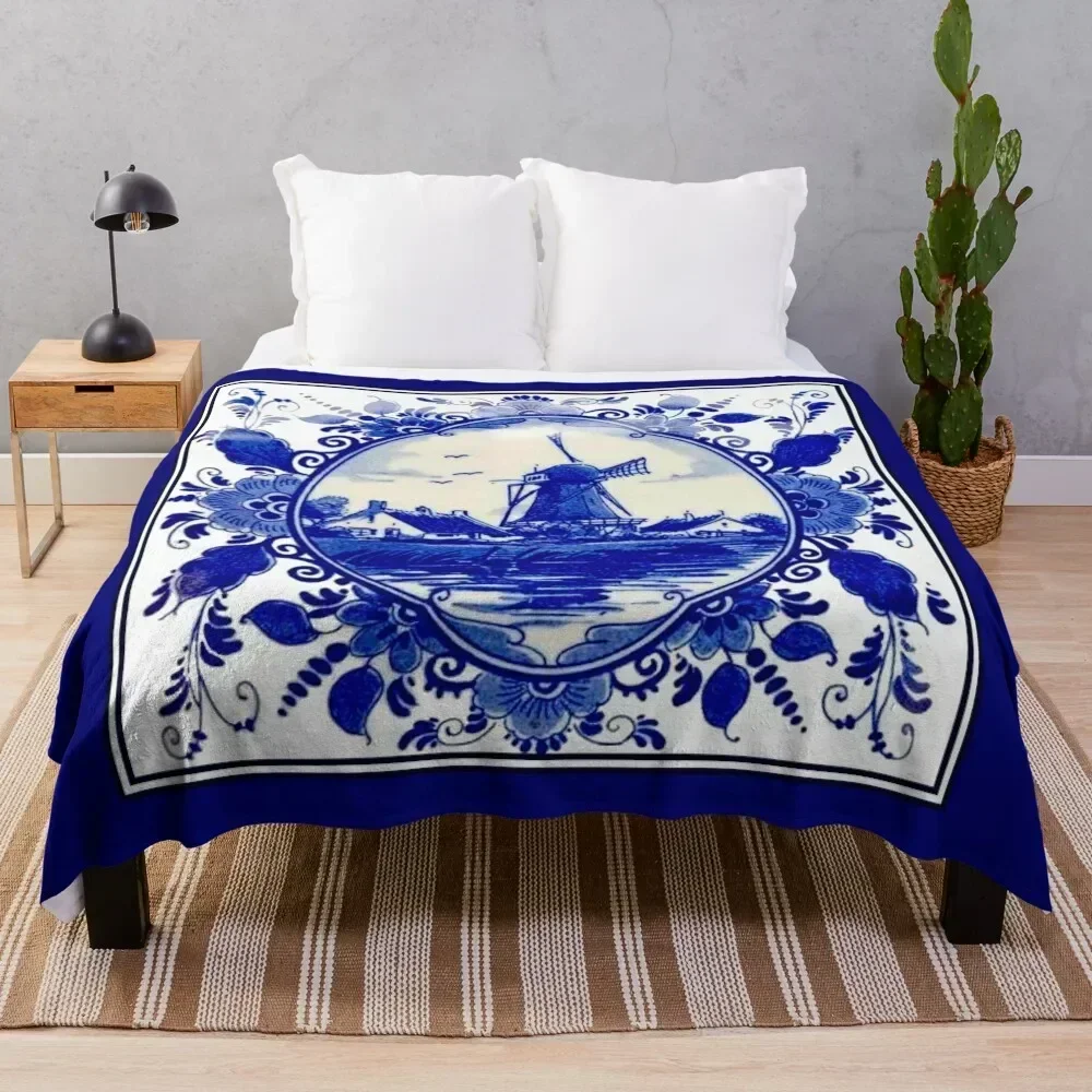 

DUTCH BLUE DELFT : Vintage Windmill on River Print Throw Blanket All Weather Soft Throw Blanket for Sofa