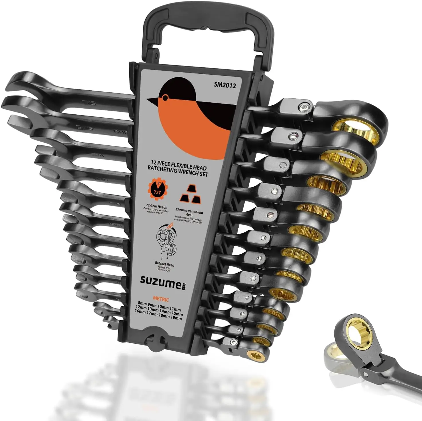 

12-Piece (8mm-19mm) Flex Head Ratcheting Wrench Set with 72 Teeth 180° Flex Head Metric Ratcheting Wrench Set Cr-V Steel Rust-Re