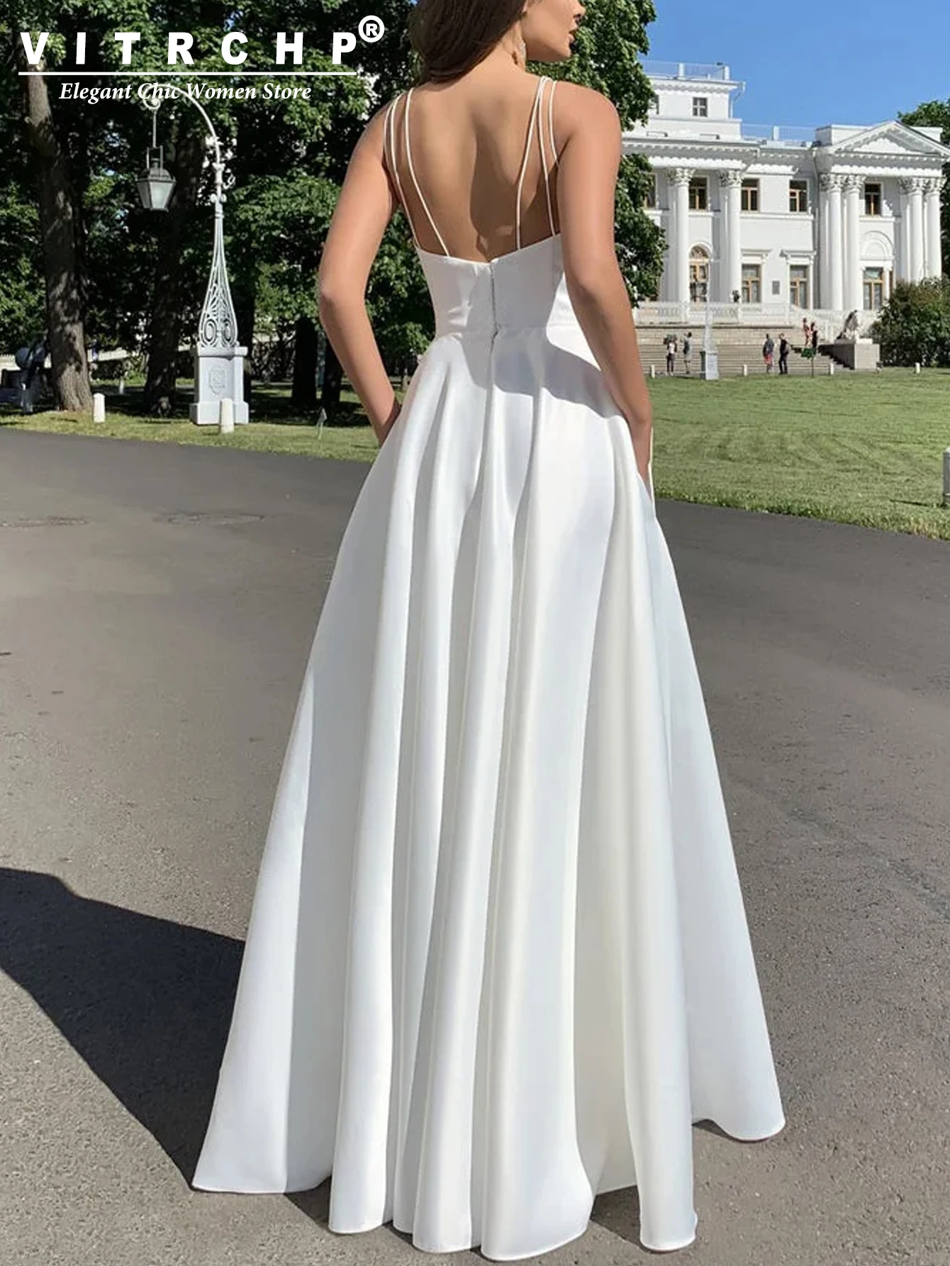 VITRCHP Slip Bridesmaid Dress Long Adjustable Straps A Line High Slit Cowl Neck Women Evening Party Dress Maxi Formal Vestido