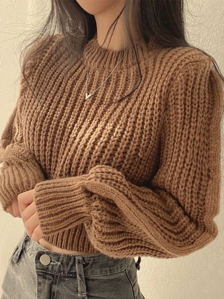 Korean Fashion Women's Sweater Autumn Solid Colour Loose  Jumper Simple Short Section Round Neck Knitted Pullover Streetwear