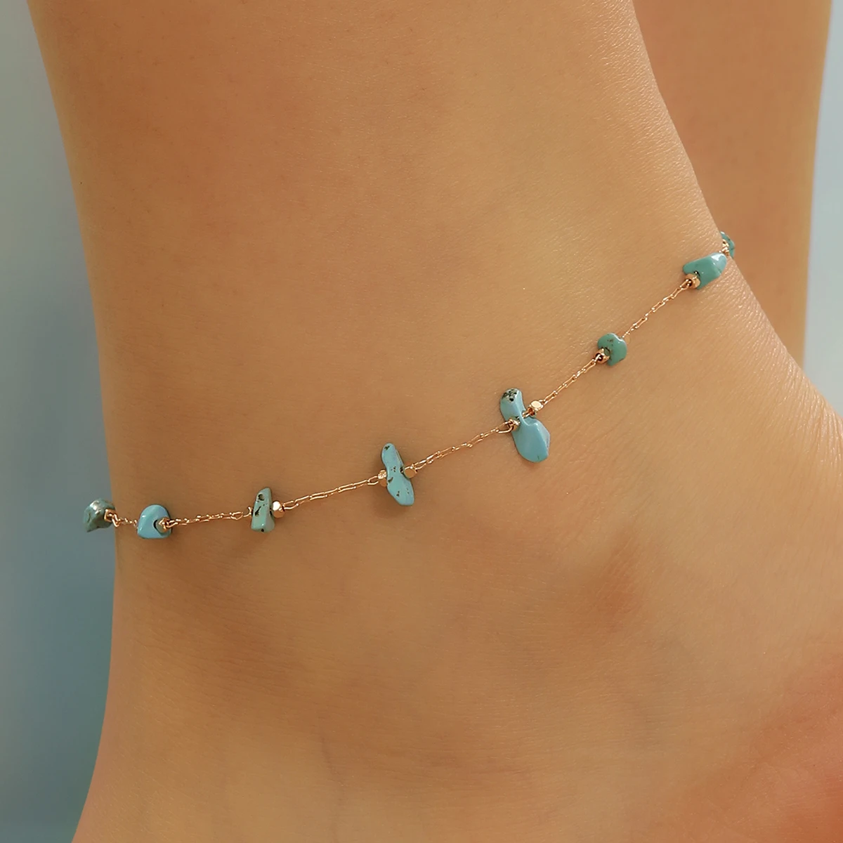 Retro Grance Kallaite Anklet Link Chain Bracelets for Women Turquoise Blue Fashion Summer Beach Barefoot Sandal Jewelry Gift