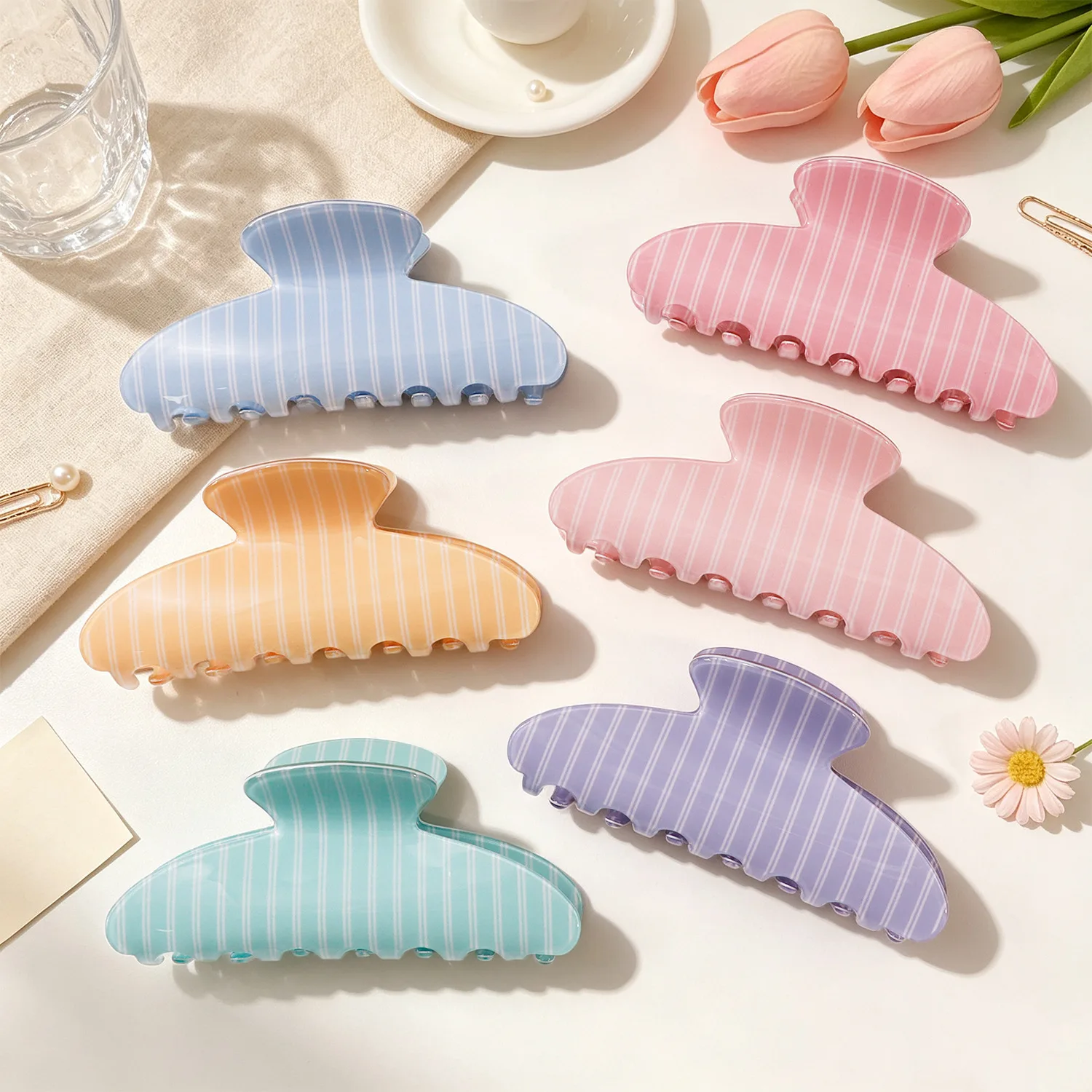 Korean Pastel Striped Large Hair Claw Clip for Women Strong Spring Shark Clip Big Non-slip Hair Grab Barrette for Thick Hair,