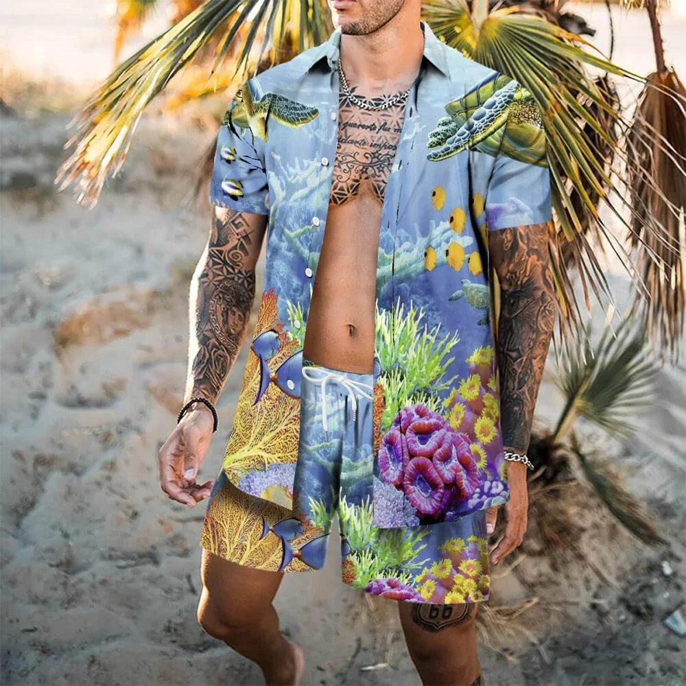 2025 New Hawaiian Men's Shirt 2-Piece Summer Short-Sleeved Button-Up Shirt Beach Shorts Holiday Men's Daily 2-Piece Suit