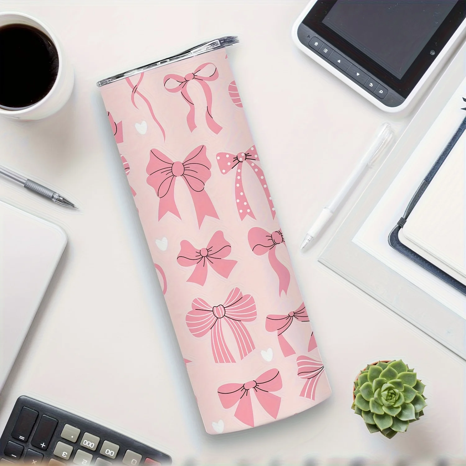 1pc 20Oz Stainless Steel Tumbler, Multi-Style Bow Print Designs, Double-Wall Vacuum Insulated Cup with Lid, Leak-Proof Thermal Bottle Suitable for Hot And Cold Drinks with Straw, Reusable, Bow Drawing