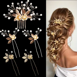 5PCS Bridal Hair Clip Golden Flower Hair Clip Pearl Hair Fork Women's Hair Clip Headwear Vintage Wedding Hair Accessories