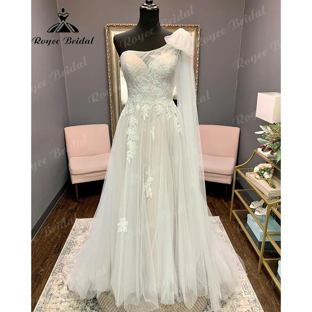 Abito da sposa monospalla senza schienale in pizzo Vinatge per donna 2023 Appliques abito da sposa con spalle scoperte abito da sposa Roycebridal