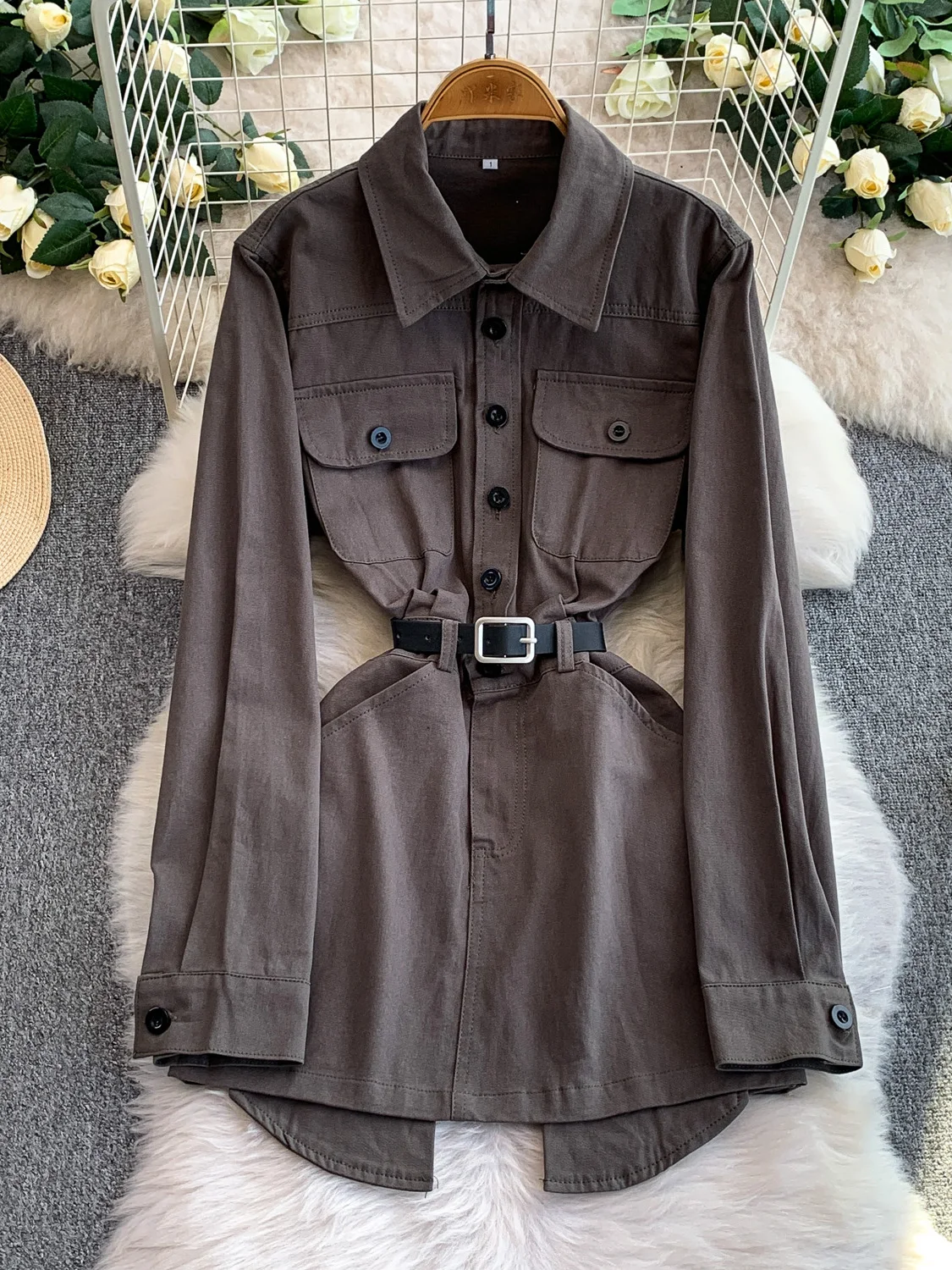 فستان SuperAen على الطراز الكوري بتصميم عتيق وياقة بولو من قماش الدنيم للنساء للخريف والشتاء فساتين قميص بخصر جديد برباط #2