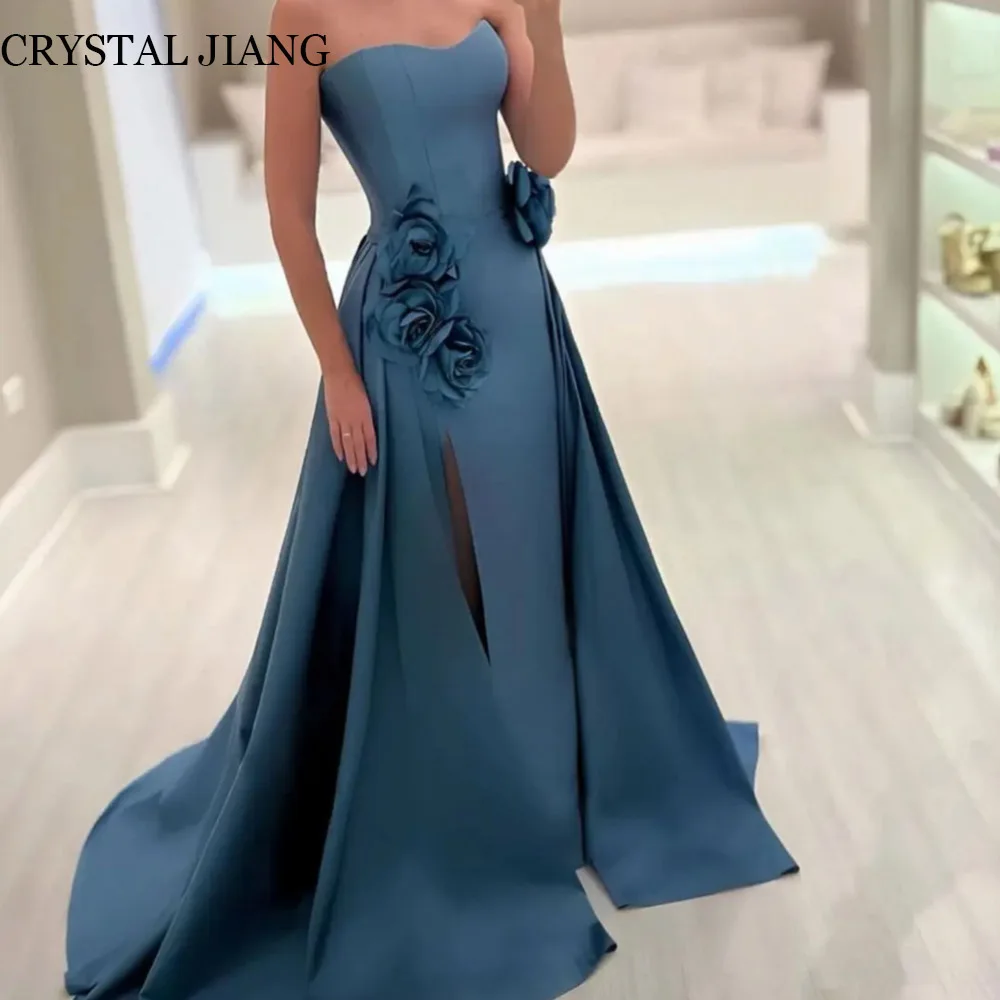 Classic Long Blue Strapless Satin Prom Dresses Sleeveless with Handmade Flowers A Line Sweep Train Robe De Bal