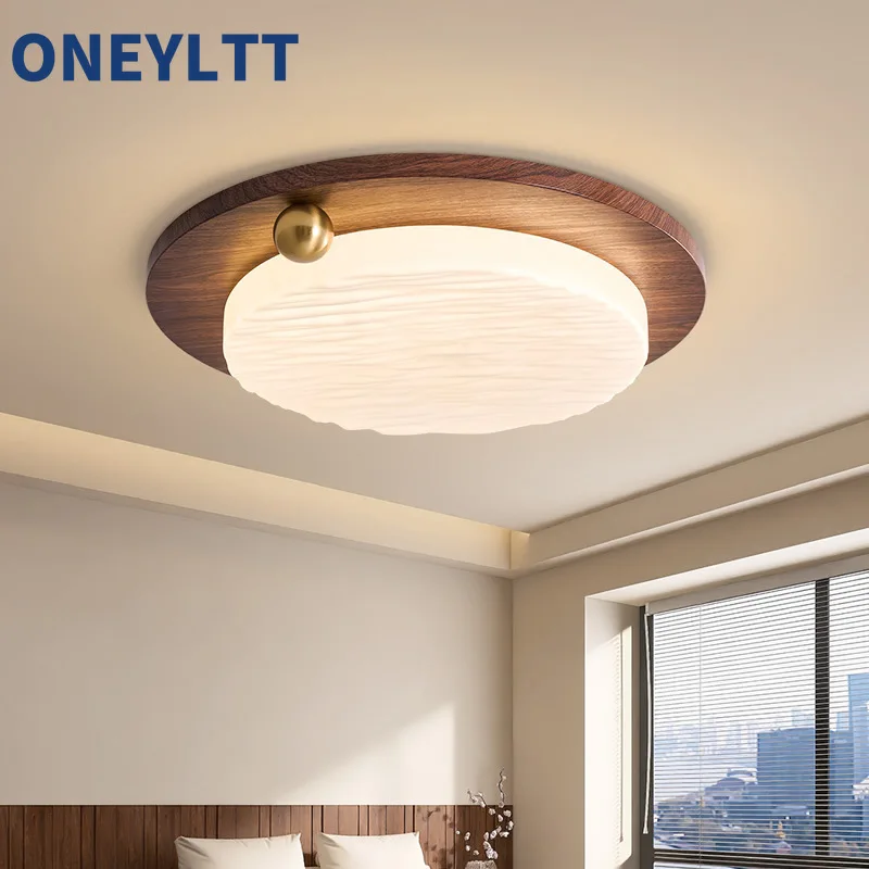 

2025 New Nordic LED Ceiling Light Retro Walnut Living Room Bedroom Acrylic Study Corridor Cream Style Home Decoration