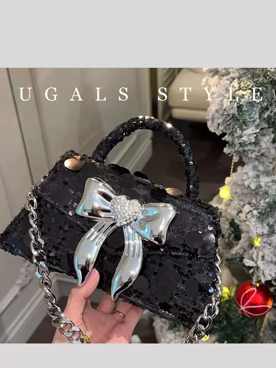 Glitter Shiny Sequins Square Bag Fashion Metal Bow Knot Evening Bag Women's Handbag Wedding Party Clutch Purse Crossbody Bag