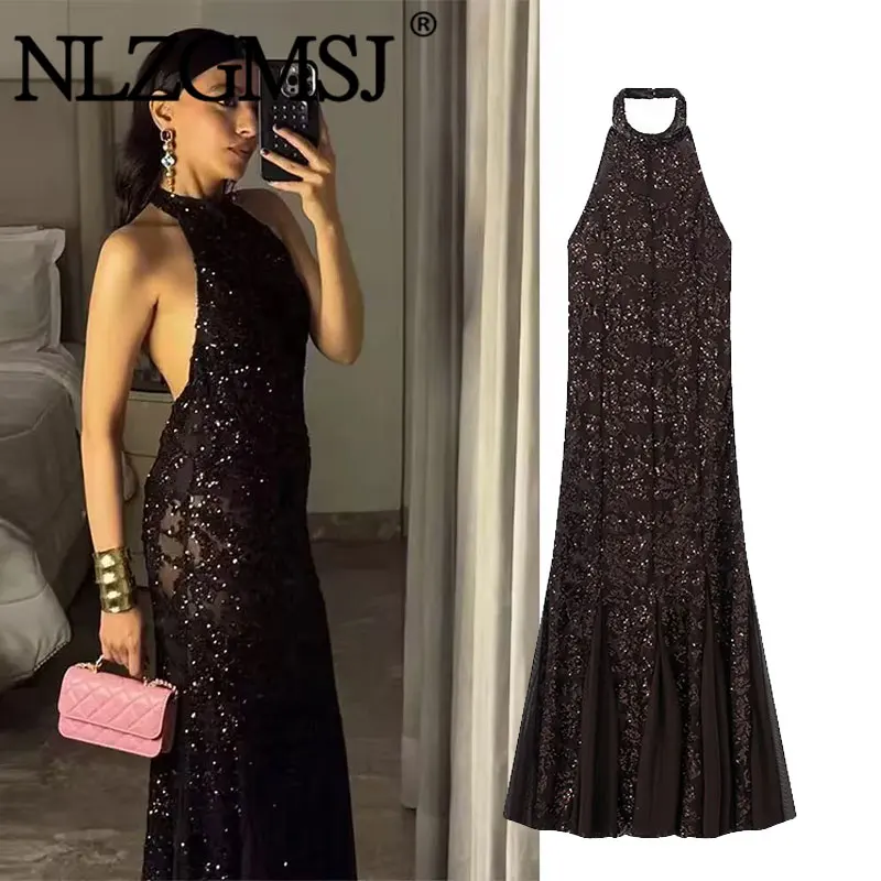 Nlzgmsj 2026 Spring Sexy sequin decoration Long Dresses for Women Backless Hanging neck collar Dress Elegant Evening Party Dress