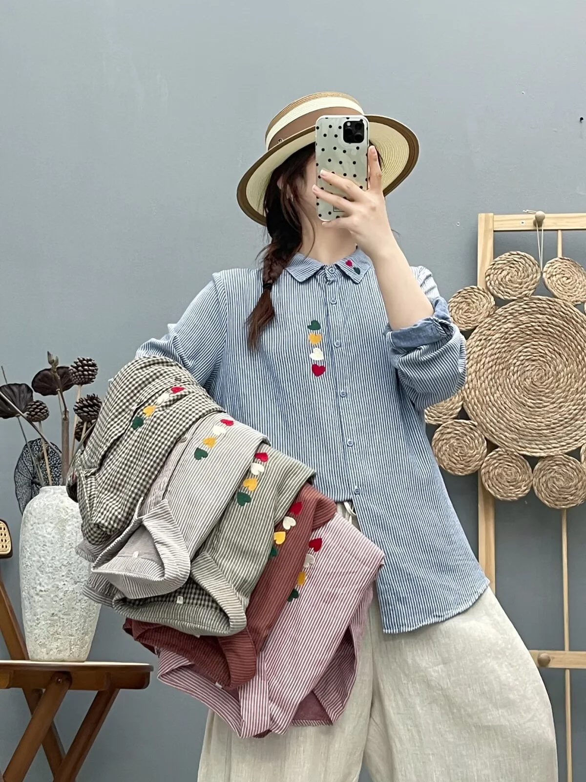 

2026 Pure Cotton yarn striped shirts and blouses for women heart shape embroidered stripes long sleeve shirt ladies clothes