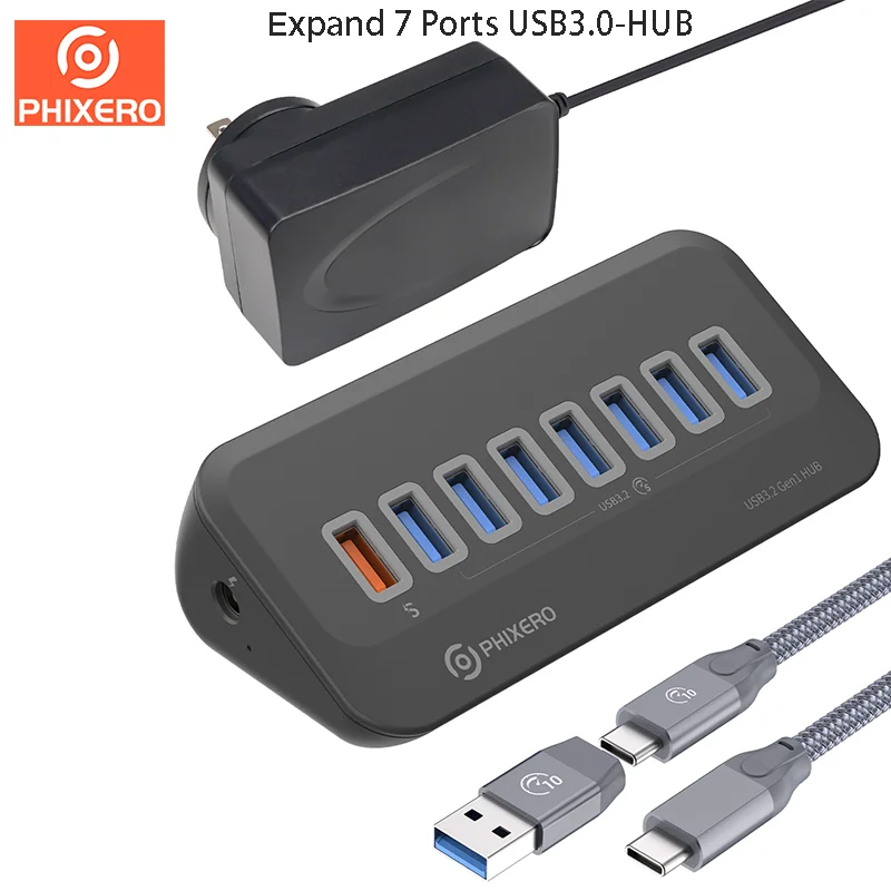 PHIXERO Tilt Angle Design USB3.0-HUB Easy to Connect Expand 8Ports USB-HUB 3.2Gen1 HUB Speed Up to 5GBps Power Supply Adapter