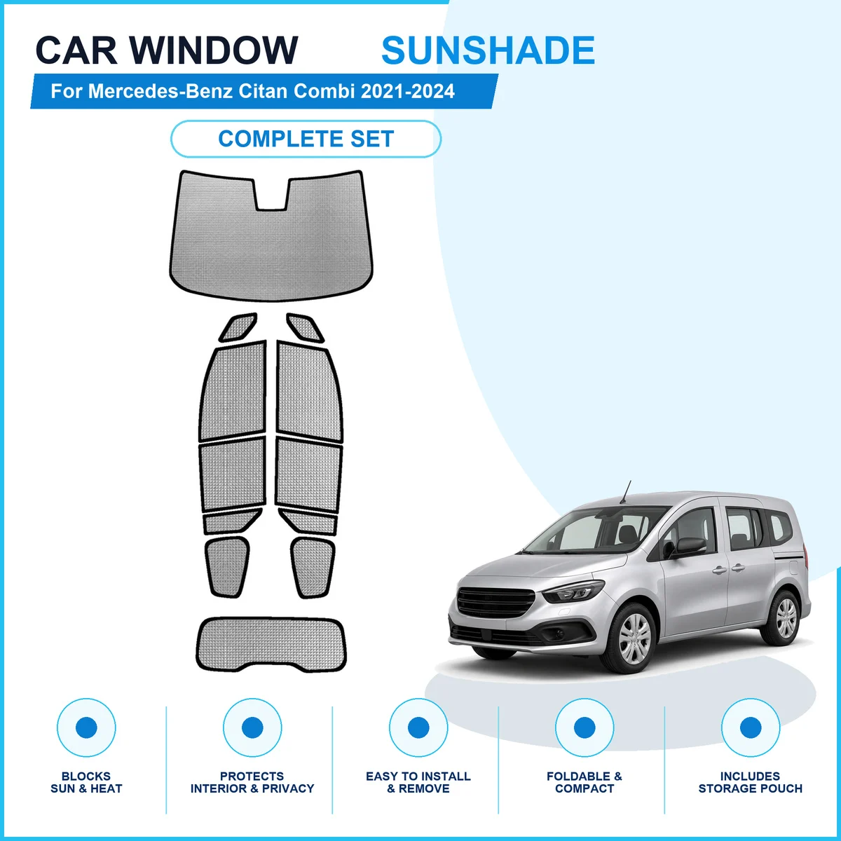 For Mercedes-Benz Citan Combi 2021-2024 Custom Full Set Window Sunshades Aluminum Foil Suction Cup Anti UV Privacy