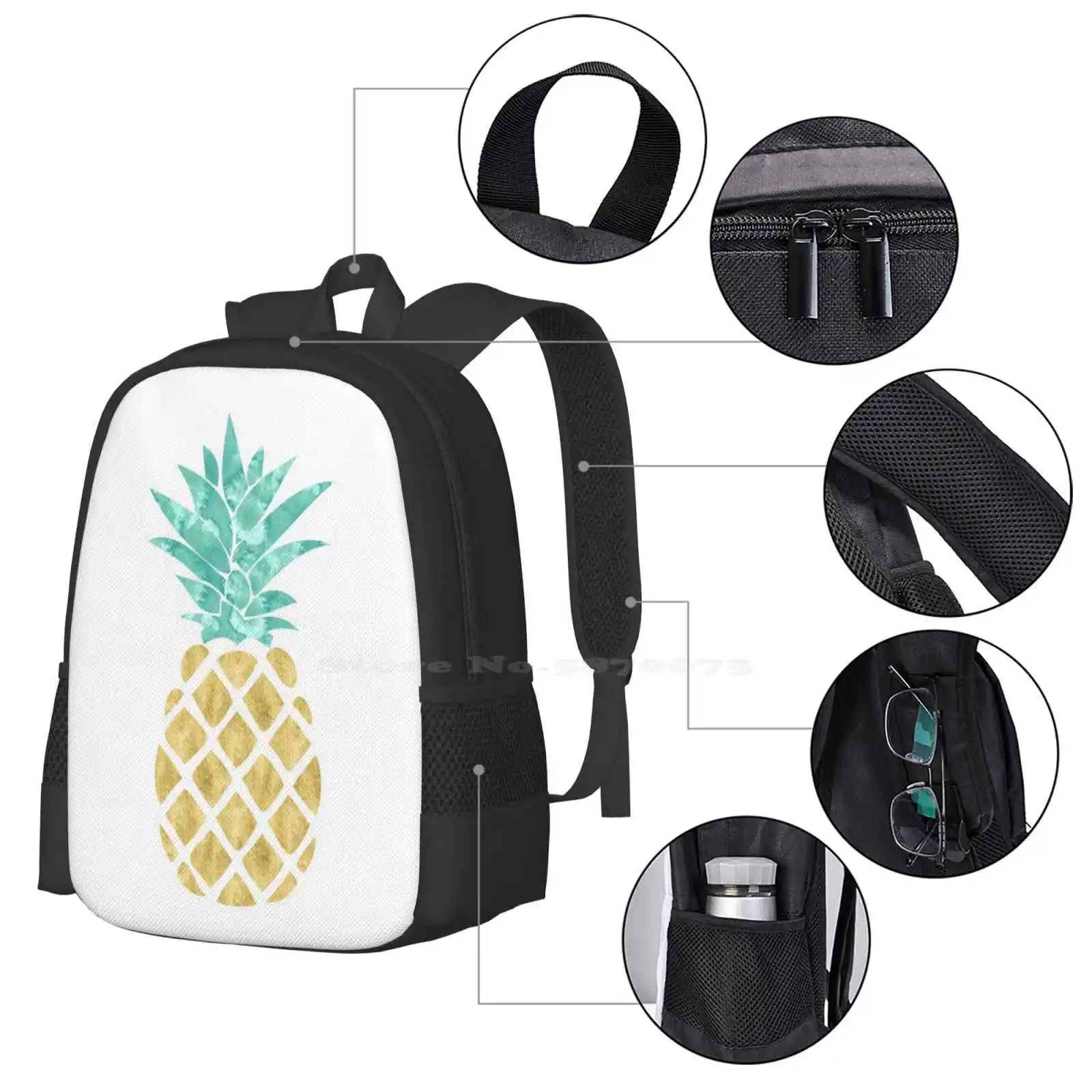 Mochila dorada para estudiantes universitarios, bolsa de diseño con patrón de piña, fruta, playa Tropical, Hawaii, acuarela dorada, verde azulado, Aqua