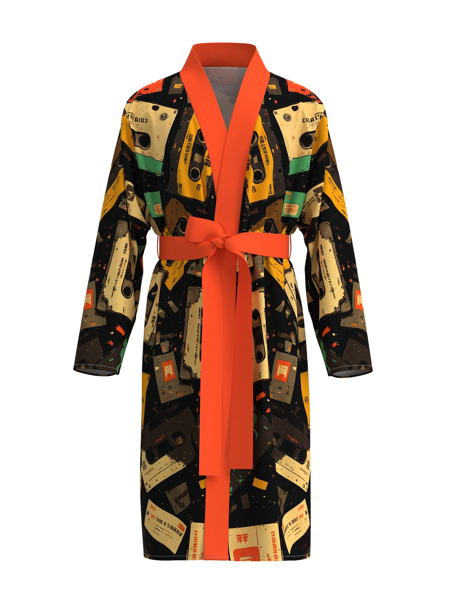 

Men's retro cassette tape print kimono bathrobe 80's nostalgic music pattern long-sleeved home clothes casual nightgown
