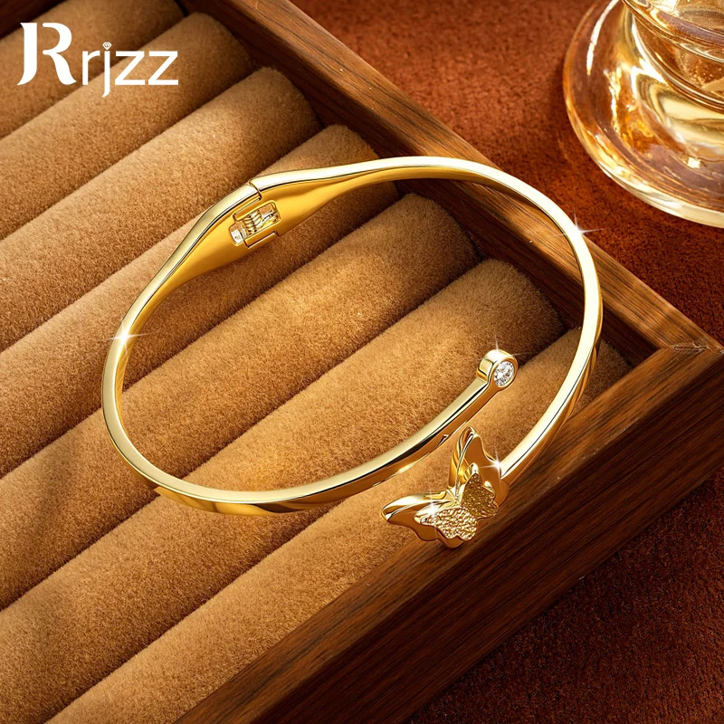 Rrjzz 3mm Moissanite Asymmetrical Stereo Butterfly Spring Clip Open Bangle Inner Diameter 58mm Women Bracelets Jewelry Gifts