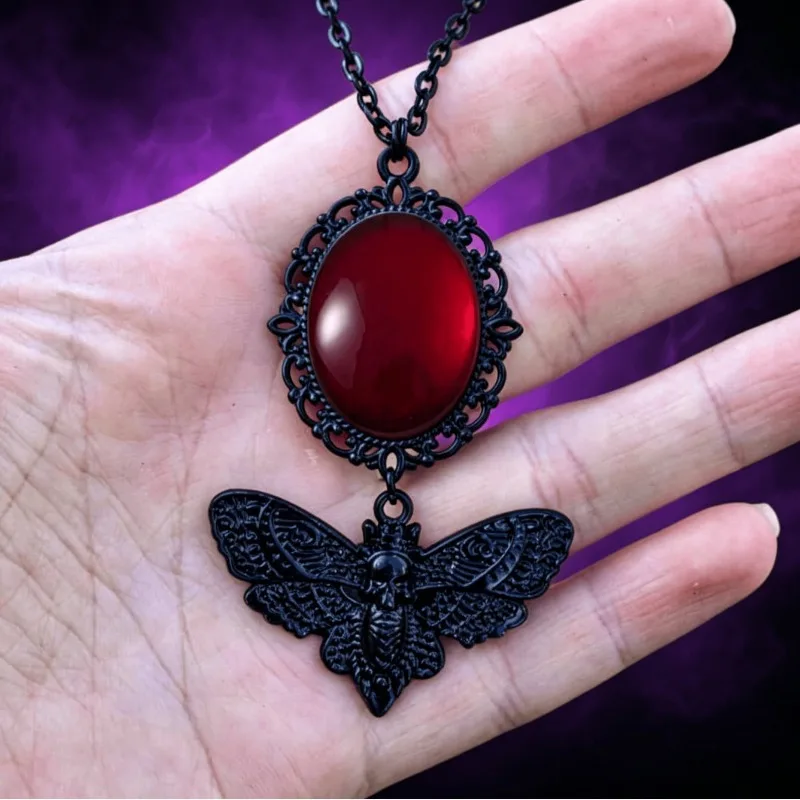 Gothic Red Cabochon Black Death Moth Skull Pendant Necklace for Women Men Halloween Vintage Dark Witchy Occult Aesthetic Jewelry