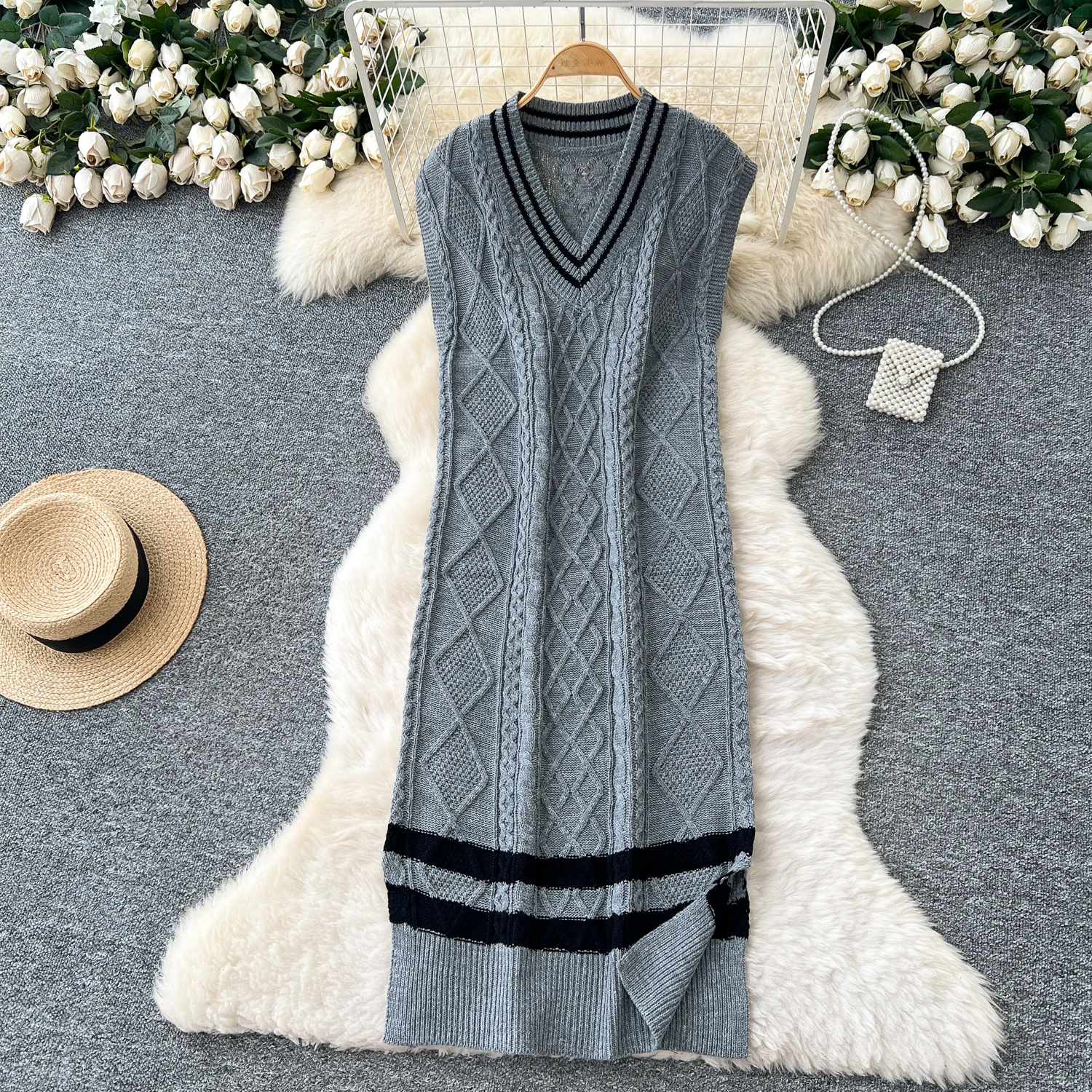 Chic vintage lavorato a maglia sciolto scollo a V senza maniche Elegante fata moda coreana Boho abbigliamento donna Abito lungo