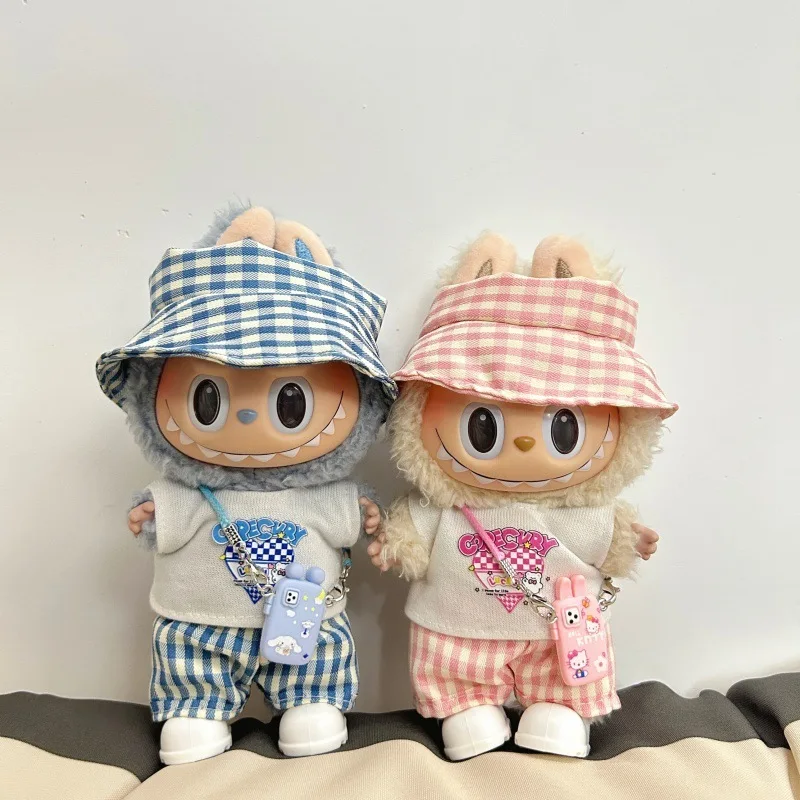 ل 17 سنتيمتر Labubu دمية الملابس الوردي والأزرق منقوشة مجموعة متوافقة مع V1V2V3 لطيف منقوشة نمط عارضة أزياء الزي